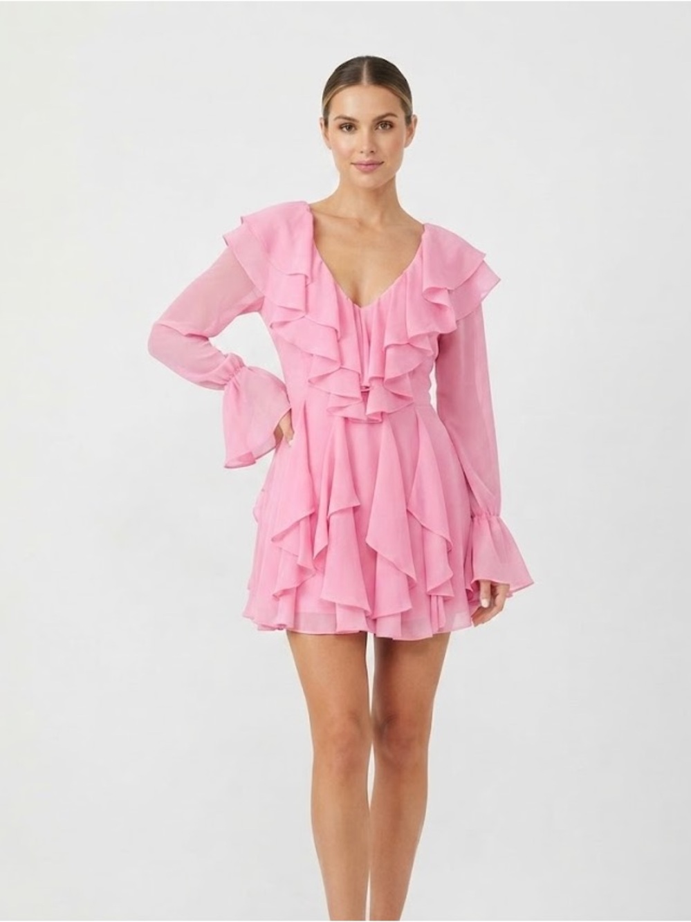 Naked Wardrobe Barbie Pink Chiffon Ruffle Long Sleeve Mini Dress Size XS Sample